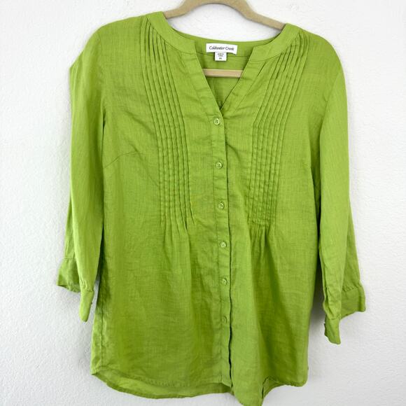 Coldwater Creek Women's 100% Linen Pin Tuck Pleated Tunic Top Green Size XS - Picture 1 of 8